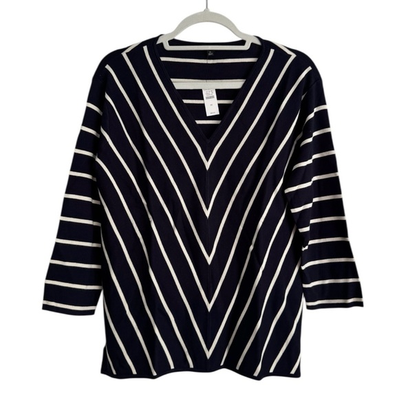 NWT Talbots Chevron Stripe V-Neck Sweater Pullover Top Casual Navy White Size M - Picture 1 of 8
